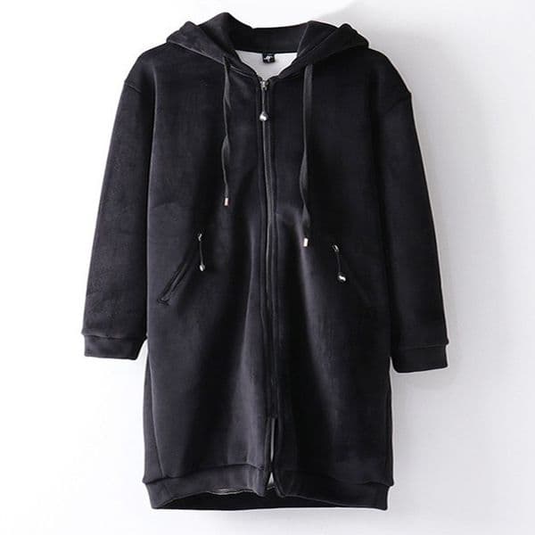 Womens Medium Long Velvet Zipper Jacket Loose Versatile Cardigan Hoodie Spring Autumn Student Black Thickened Coat Top 251103