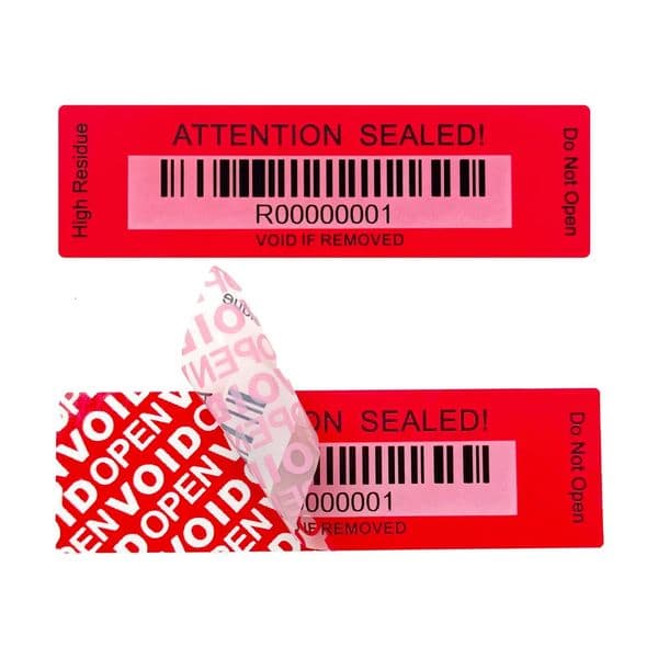 Red Tamper Evidence Sticker with Barcode Security label sticker warranty void seal label tamper-proof sticker with serial number 250402BJ