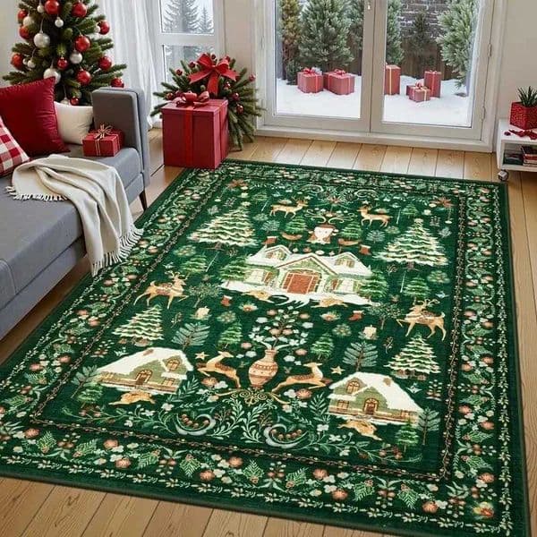 Christmas Flannel Large Area Rug - Festive All-Over Carpet for Living Room Sofa Bedroom Floor Mat Home Decor Washable Soft Xmas W251104