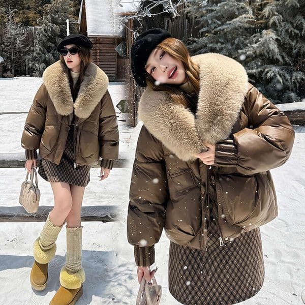 2025 Winter Women Down Cotton Coat Street Imitation Fur Collar Hooded Short Cotton Padded Jacket Female Basic Snow Warm Overcoat