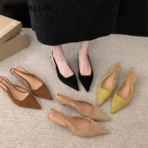SUOJIALUN Spring Women Sandal Fashion Pointed Toe Shallow Slip On Dress Mules Shoes Thin Low Heel Slingback Sandal 251030