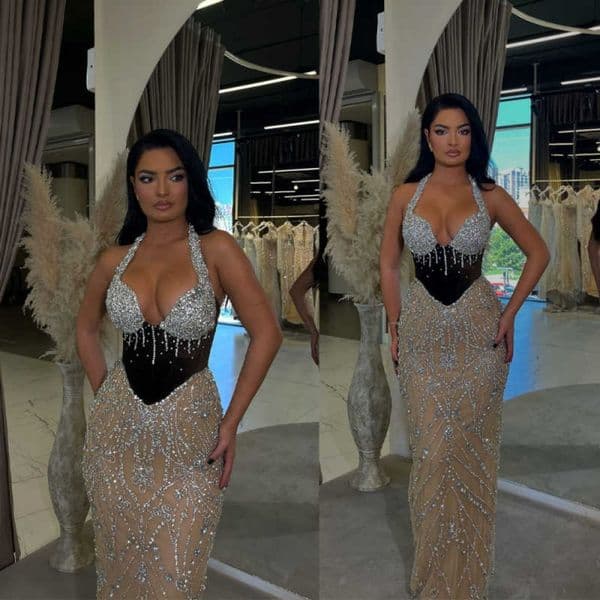 Sparkling Halter Neck Evening Dresses Crystals Floor Length Merrmaid Prom Gowns Beadeds Celebrity Party Custom Made