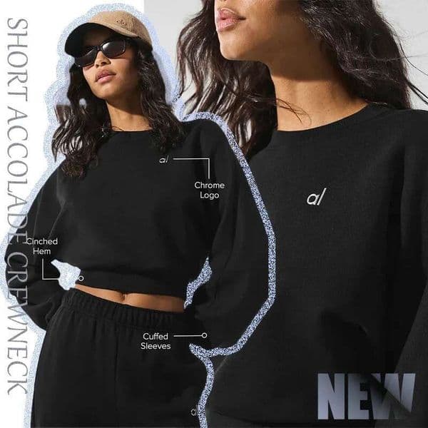 Women's Cropped Accolade Crewneck Sports Yoga Solid Color Hoodie Autumn/Winter Loose Comfortable Long Sleeve Ribbed Top