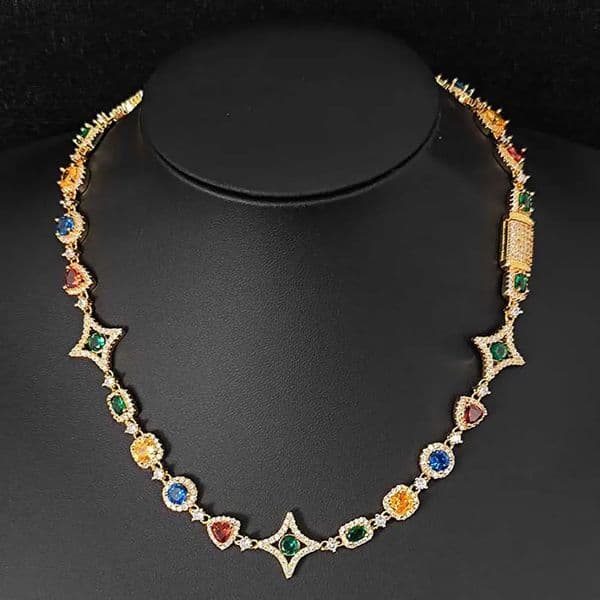 Hip Hop Jewelry Women Colored Zircon Iced Out Necklace GreenBlueRedyellow Crystal Gemstone Link Chain Necklace 18kGold Plated 251103