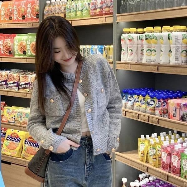 Autumn and Winter Versatile Gray Coat Knitted Cardigan Loose Style High Grade Sweater for Women 251104