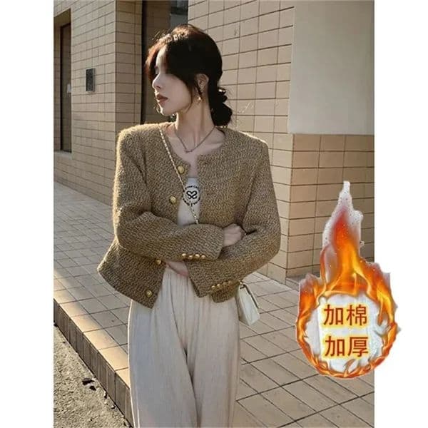 Womens Spring And Autumn Short Jacket Temperament Round Collar Female Tweed Coat Fashion Loose Xiaoxiangfeng Ladies Top AO YOU TE SI