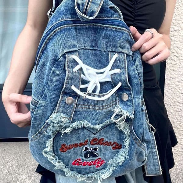 Cute Pink Denim Women Backpacks Large capacity shoulder Bags Girls School Embroidered letters daypacks Travel Jean Bagpack 251104