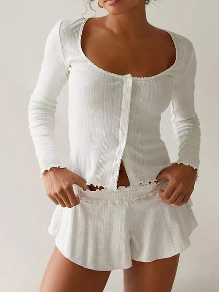 Cute Fairy Pajama Set Long Sleeve Button Top Ruffle Shorts 2-piece Lounge Set Y2k Pajama Womens Short Skirt 250402