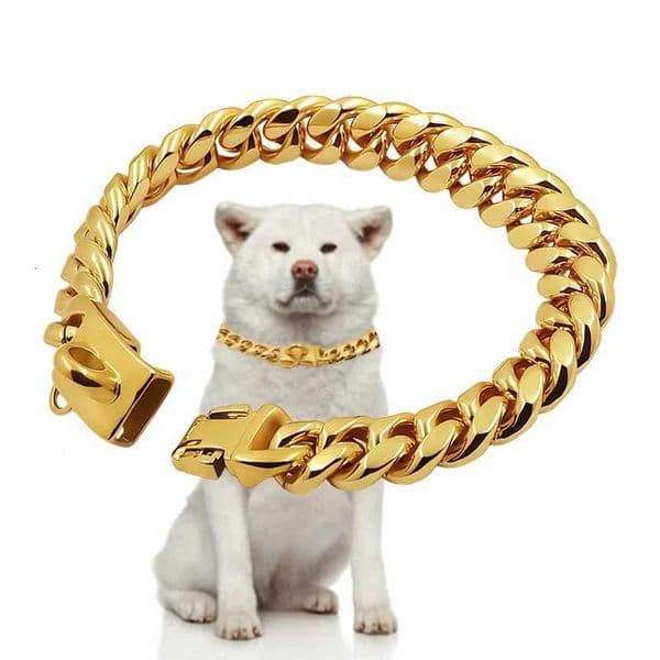 Metal Dog Collar Stainless Steel Pet Choker Gold Cuban Link Chain 14mm Wide Lead for Small Medium Large Dogs Pet Accessories W251105