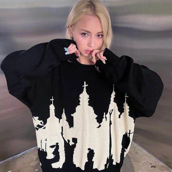 y2k gothic sweater top Hip Hop Men Women Streetwear Vintage Halloween EMO Harajuku Knitted Sweater winter Pullover Loose Retro 251104