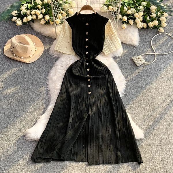 YuooMuoo Women Dress 2025 Spring and Summer Elegant Patchwork One-Piece Knitted Maxi Dress Office Lady Slim Waist Sweater Dress 251105