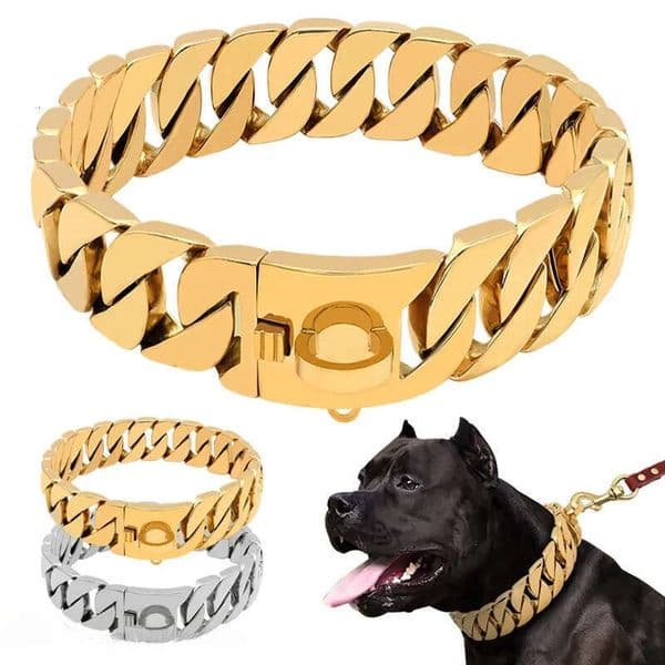 Designer Gold Collars Cuban Chain Heavy Duty 32mm Wide Choke Dog Chains With Safety Lock 316L Stainless Steel Slip Ring For Large Medium Pitbull Bulldog Dogs