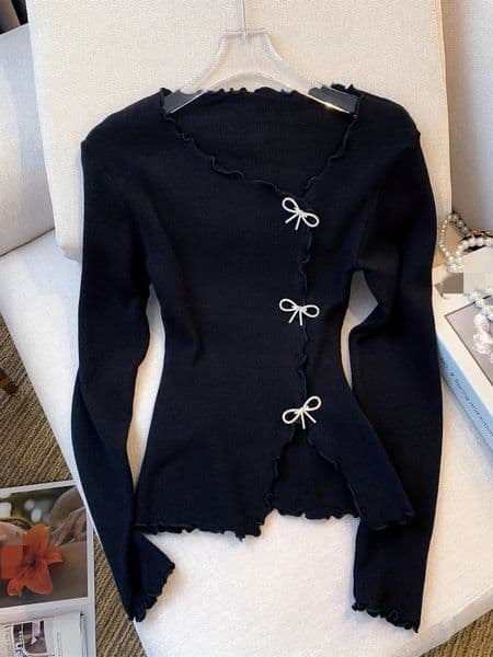 2026 BlackWhite Solid Lettuce Trim Bowknot Pullover Sweater Y2K Casual Long Sleeve Sweater For Spring Fall Womens Clothing 251104
