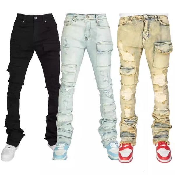 Men Jeans Long Pant Denim Flare Pants Hole Straight Trousers Slim Fit High Waist Casual Button Pocket Splice Autumn Winter 251104