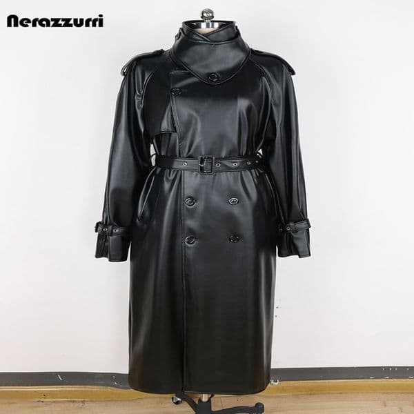 nerazzurri Spring Autumn Long Oversized Windproof Waterproof Black Pu Leather Trench Coat Men Belt Double Breasted Overcoat 251023