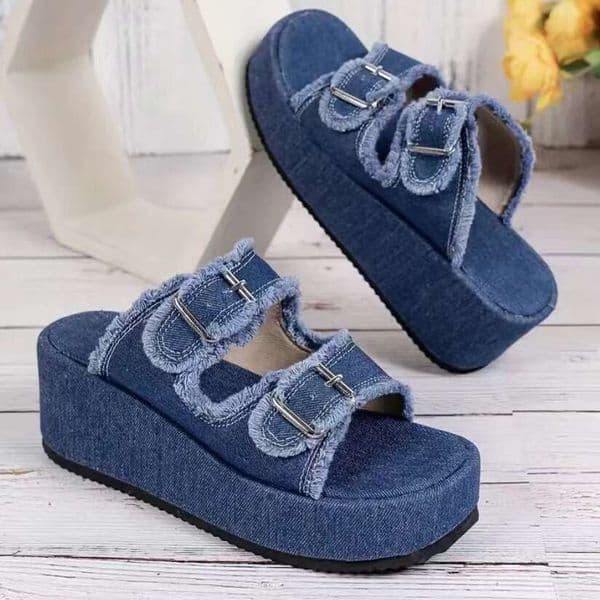 Foreign Trade Large Size Slip-On fashion Denim Belt Buckle Sandals For Women Summer 2024 New Thick-Soled Slippers
