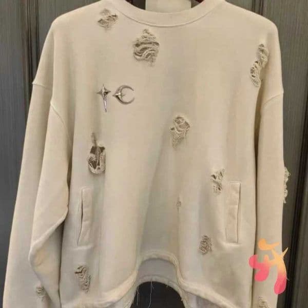 Vintage Street Washed Holes THUG CLUB Sweatshirts High Quality Star Moon Metal Round Neck Pullover Men Women Tops J251103