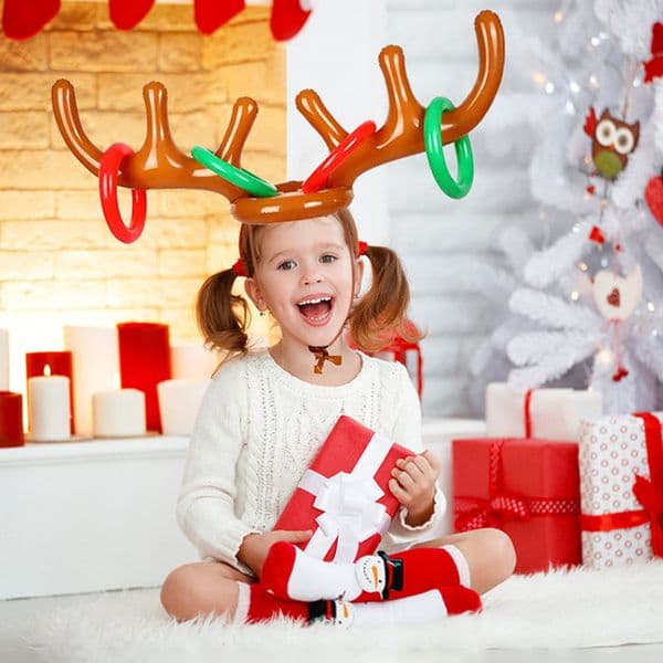 Christmas Inflatable Antler Balloon Head Ring Toss Toy Christmas Hat Designs Includes 4 Rings For Christmas Family Gatherings/Holiday Parties/Parent-Child Games