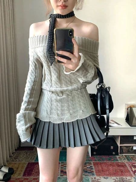 Deeptown Korean Style Sexy Off Shoulder Sweater Women Sweet Elegant Long Sleeve Knitted Pullover Cute Fashion Slim Up Sweaters 251104