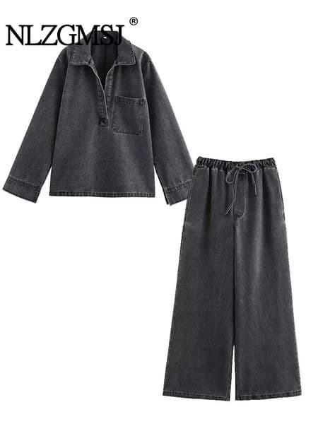 2024 Autumn Jeans Set Turndown Collar Casual Top Fashion High Waist Streetwear Female Denim Pant Two Piece 251106BANJIA