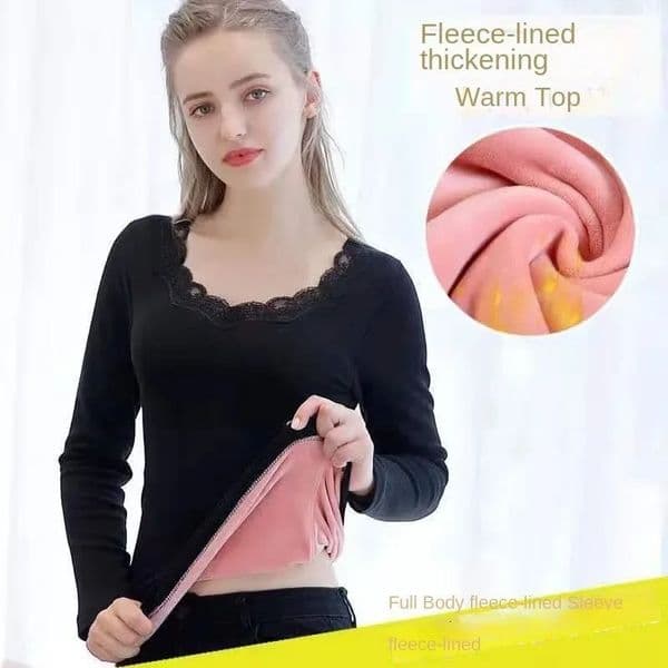 Lace Bottoming Shirt for Women Winter Womens Thermal Underwear Plus Velvet VO-Neck Basic Thermos Long-sleeved Tops Female 251106