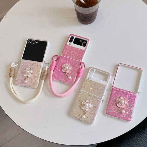 3D Camellia Flower Compatible with Galaxy Z Flip 764 Phone Case 5th Generation Foldable Protective Cover with Hand Strap J251116