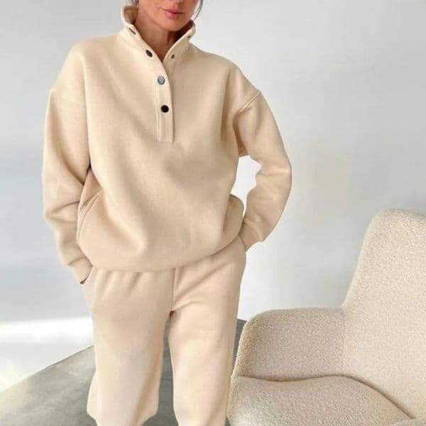 Autumn Winter Womens Snapbutton Standup Collar Sweatshirt Trousers Suit Twopiece Set 251105BANJIA