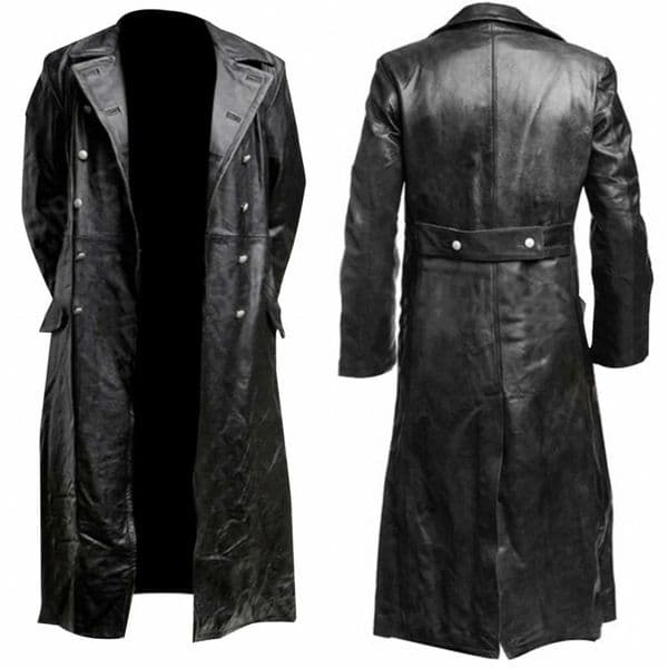 MENS GERMAN CLASSIC WW2 MILITARY UNIFORM OFFICER BLACK LEATHER TRENCH COAT y251106