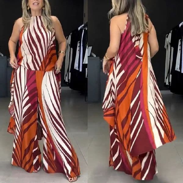 Womens printed sleeveless top wide leg pants set summer bohemian streetwear 2piece casual elegant sexy loose fitting womens 250403