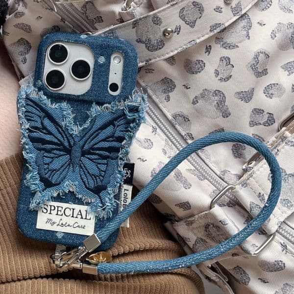 Denim Blue Butterfly Patch Phone Case Compatible with iPhone 17/16 Pro Solid Color Lanyard iPhone 15/14 Niche