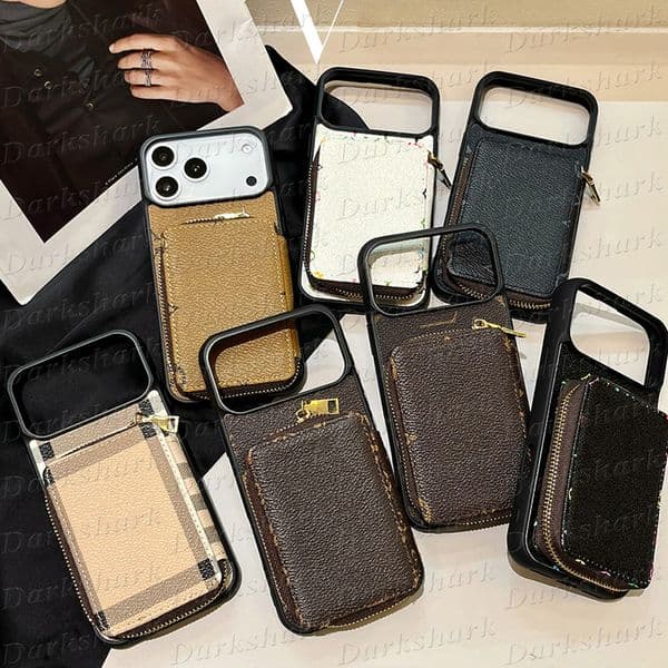 Leather Card Pocket Designer Phone Case for iPhone 17 Air 16 15 Plus 14 13 12 Mini 11 Pro Max X Xs Xr 8 7 Zipper Luxury Cover Samsung Galaxy S26 S25 Ultra S24 S23 S22 S21 S20