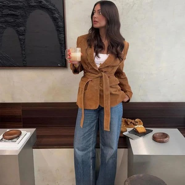 KONDALA Office Lady Suede Blazer V Neck Sashes Long Pockets Fashion Fall Streetwear Outwear Winter Thick Coats 251106