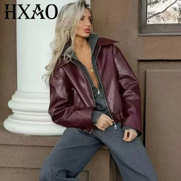 HXAO Womens Jacket Outerwears Cropped Faux Leather Autumn Long Sleeve Burgundy Bomber Jackets Casual Zipper Short 251106