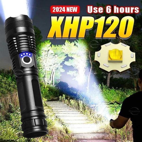 High Power XHP 120 LED Flashlight 18650 26650 Battery Lanterna USB Rechargeable Torch Zoomable Emergency Outdoor FlashlightW251106
