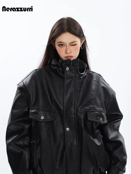 Nerazzurri Spring Autumn Oversized Cool Windproof Thick Black Pu Leather Jacket Women Zip Up Luxury Designer Unisex Clothes 251105