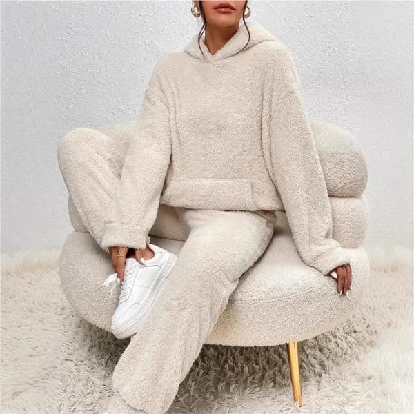 Autumn Winter Plush Hooded Sweatshirt Trousers 2 Piece Set Womens Fashion Pocket Warm Casual Home Clothing Hoodie Suit 251105BANJIA