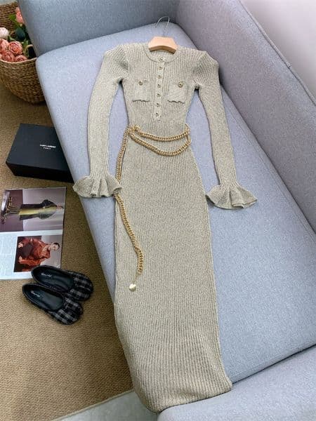 2026 Spring Gold Solid Color Chains Belted Knitted Dress Long Sleeve Round Neck Buttons Casual Dresses G5N06 Check Size Chart Please