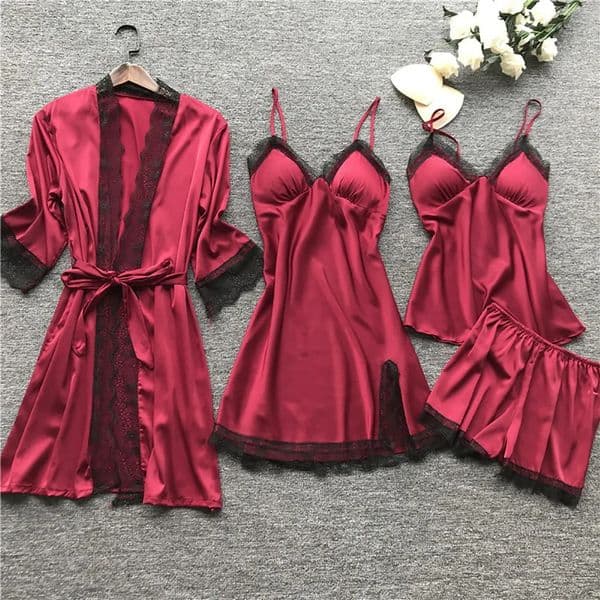 4 Pieces Womens Sexy Lace Pajamas Fashion VNeck Gown Comfort With Chest Pads Nightdress Casual Loungew 251105BJ