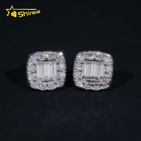 Luxury Halo Design Bageutte Stud 10K Soild Gold Mens Hip Hop VVS Moissanite Diamond Earrings