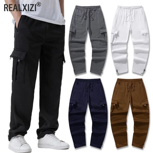 Mens Multi-Pockets Sweatpants Autumn Winter Drawstring Straight Fit Pants Running Jogger Sports Gym Trousers Male Loose Pants 251104