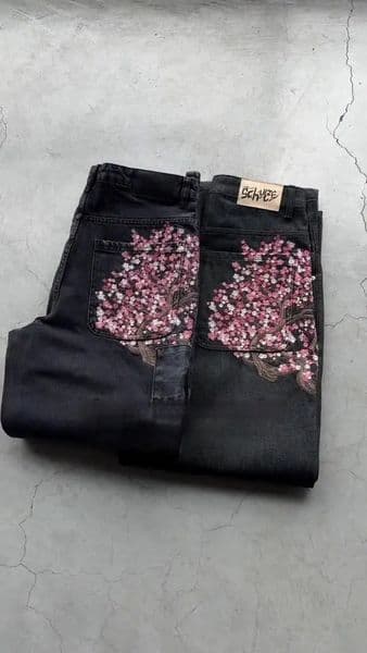 Derschutze Patchwork Cherry Blossom Embroidery Denim Pants Y2k Vintage Women Baggy Straight Wide Leg Jeans Street Men Clothes 251104BANJIA