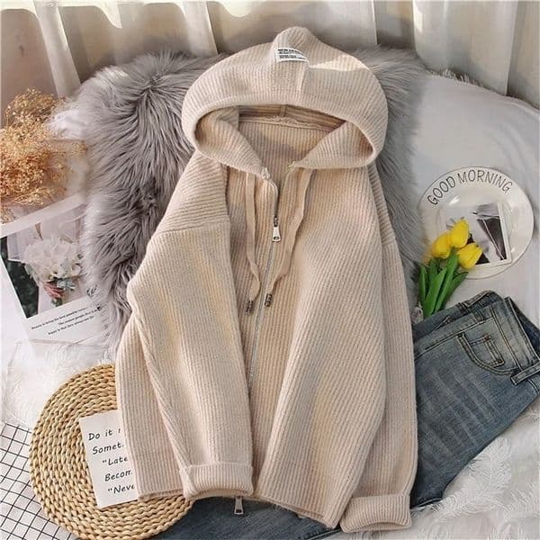 Women Cardigan Sweater Coat Hooded Fashion Solid color Sweater Female zipper Knitted Spring Autumn Oversize Sweater Overcoat 251030