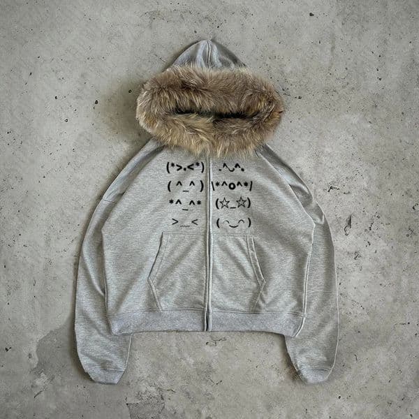 Casual Faur collar Harajuku Streetwear Hiphop Zipper Hoodie sweatshirt Vintage Rock Goth Loose Punk EMO Y2K Zip up hoodie Jacket 251106
