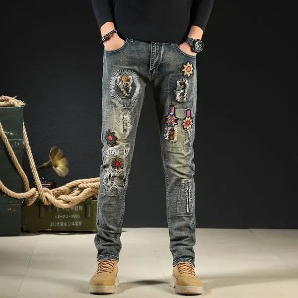 Male Cowboy Pants Trousers Punk Embroidery Motorcycle Jeans for Men Washed Y2k Streetwear Kpop Clothes 2000s High Quality Summer 251106