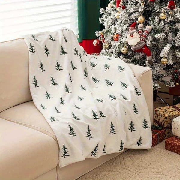 1pc Soft Christmas Tree Print Plush Blanket - White All-Season Use 51185906inch hine Washable Geetric Pine Pattern H251106