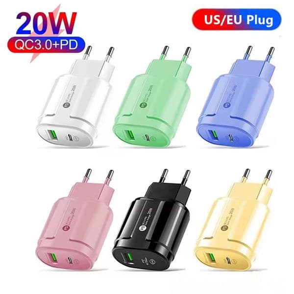 QC3.0 PD 20W USB C Fast Charger Block Quick Charge Dual Ports Type C USB Cellphone Fast Wall Charging Travel Power Adapter For iPhone 17 16 15 14 13 Pro Max Samsung S25 S24