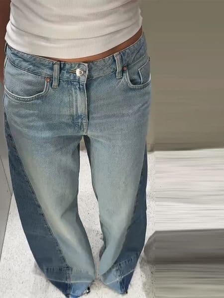 Vintage Contrast Patchwork Women Denim Pants Baggy Wide Leg Straight Jeans Trousers Fashion Trendy Casual Elegant High Street Z260313