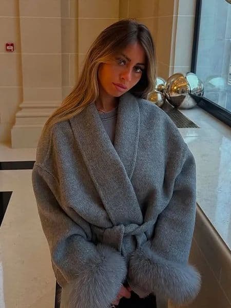 Faux Fox Fur Wool Overcoat Woman Grey Lace Up Lapel Long Sleeve Doublesided Woolen Coat Autumn Loose Solid Cardigan Jackets 251106
