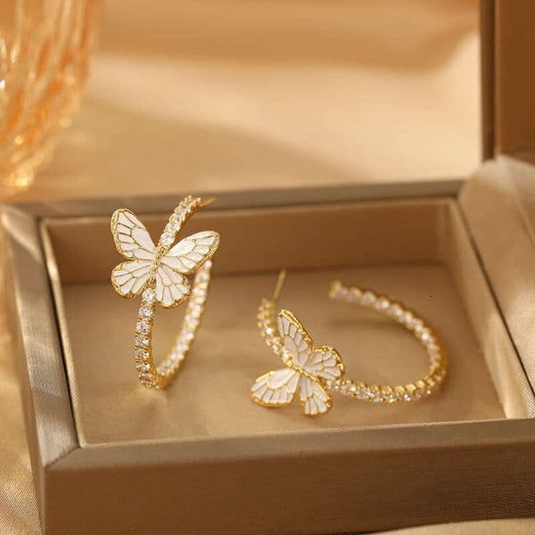 White Butterfly Super Shiny Hoop 3D Micro Pave Zircon Fashionable Light Luxury Elegant Glaze Round Flower Earrings