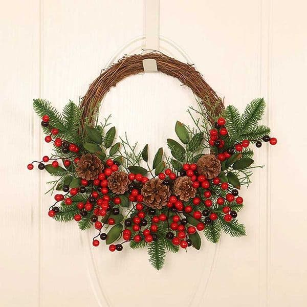 Artificial Pine Cone Red Berry Garland Christmas Wreath Hanging Ornament Front Door Wall Decoration Xmas He Decorative Garland H251106